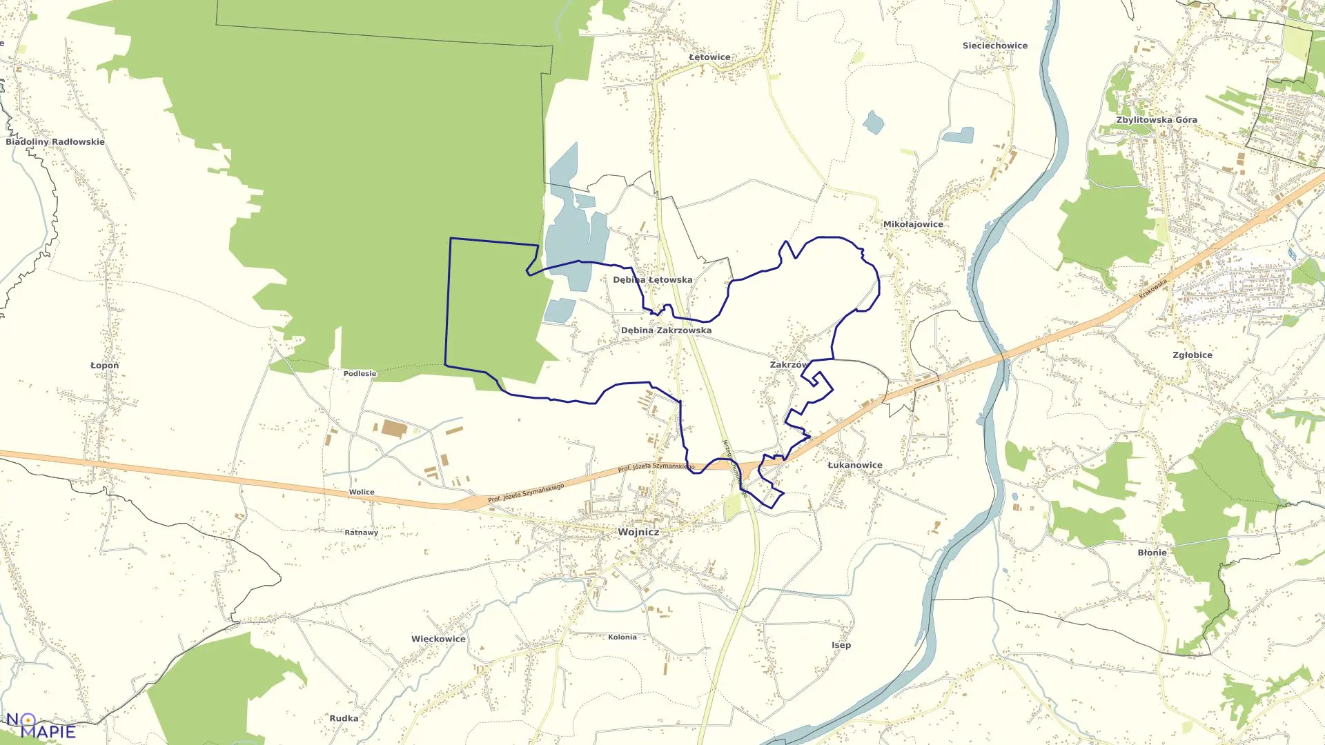 Mapa obrębu Zakrzów w gminie Wojnicz